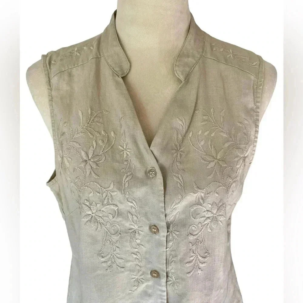 Carole Little Linen‎ Floral Embroidery Sleeveless Tank Women Top M Casual Beachy - Picture 4 of 5